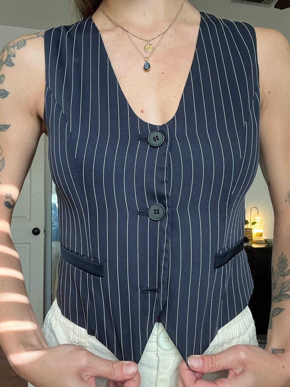 Cider Navy Pinstripe Tailored Vest Top